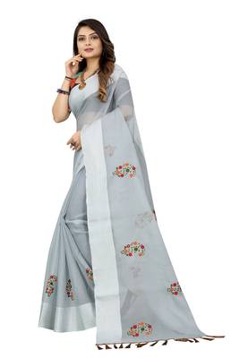 Grey embroidered cotton saree with blouse 2