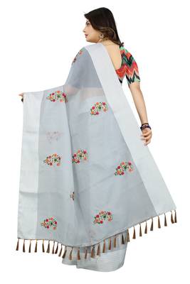 Grey embroidered cotton saree with blouse 3