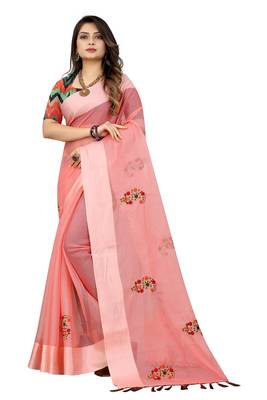 Peach embroidered cotton saree with blouse 1