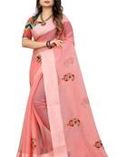 Peach embroidered cotton saree with blouse
