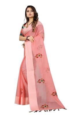 Peach embroidered cotton saree with blouse 2