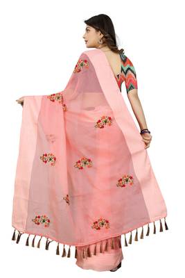 Peach embroidered cotton saree with blouse 3