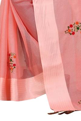 Peach embroidered cotton saree with blouse 4