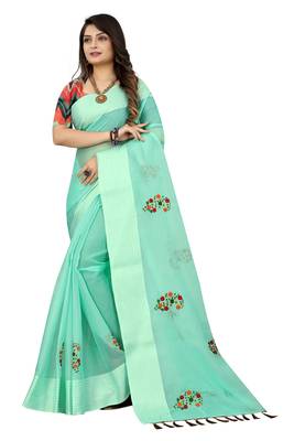 Teal embroidered cotton saree with blouse 1