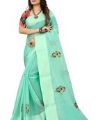 Teal embroidered cotton saree with blouse