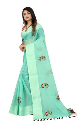 Teal embroidered cotton saree with blouse 2