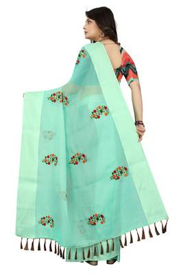 Teal embroidered cotton saree with blouse 3
