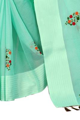 Teal embroidered cotton saree with blouse 4