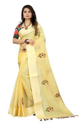 Yellow embroidered cotton saree with blouse 1