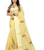 Yellow embroidered cotton saree with blouse