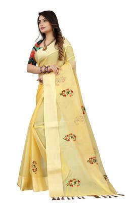 Yellow embroidered cotton saree with blouse 2