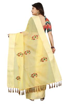 Yellow embroidered cotton saree with blouse 3