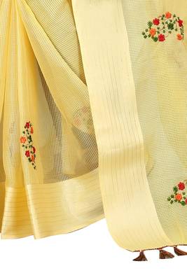 Yellow embroidered cotton saree with blouse 4
