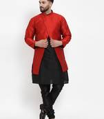 Benstoke Men's Black Kurta With Pyjama & Red Self Design Jacket