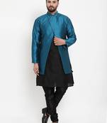 Benstoke Men's Black Kurta With Pyjama & Peacock Blue Self Design Jacket