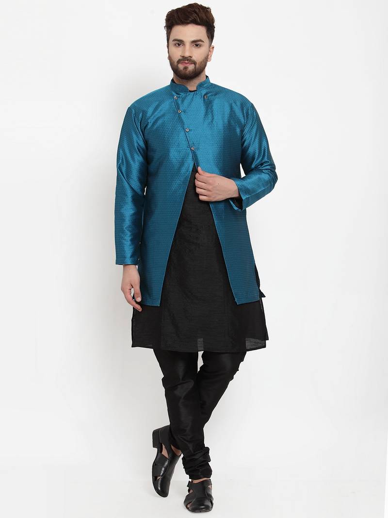 Benstoke Men's Black Kurta With Pyjama & Peacock Blue Self Design Jacket