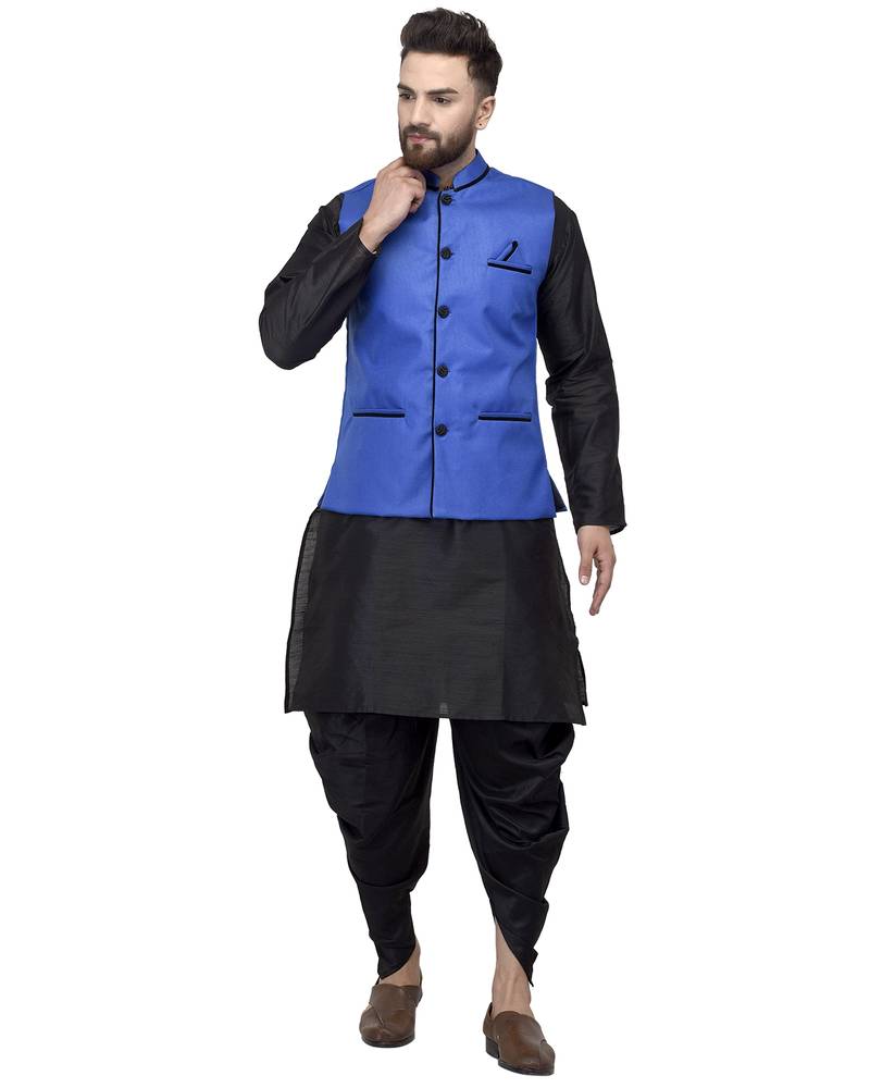 Benstoke Men's Black Kurta With Dhoti Royal Blue Solid Nehru