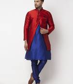 Benstoke Men's Royal Blue Kurta With Pyjama & Red Self Design Jacket