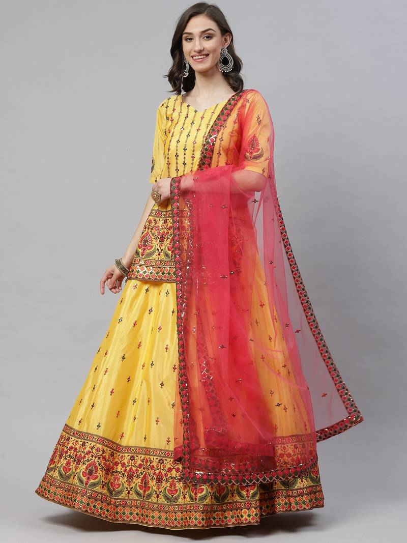 Chinon Chiffon Gota Patti And Thread With Sequince Embroidered Work Lehenga & Unstiched Blouse With Dupatta