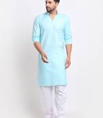 Sky Blue solid pathani kurta with White salwar