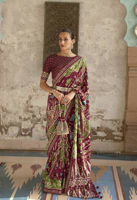 Maroon printed silk saree with blouse 1