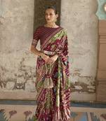 Maroon printed silk saree with blouse