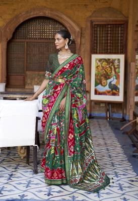 Dark green printed silk saree with blouse 1
