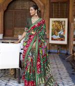 Dark green printed silk saree with blouse