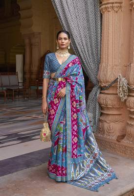 Sky blue printed silk saree with blouse 1