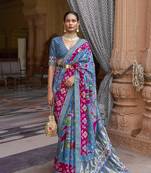 Sky blue printed silk saree with blouse