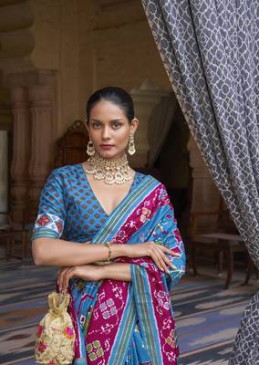 Sky blue printed silk saree with blouse 2