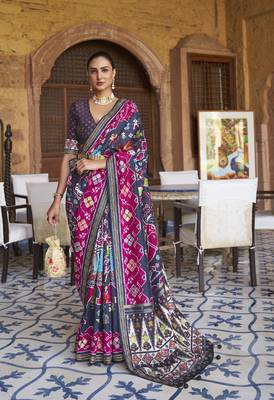 Navy blue printed silk saree with blouse 1