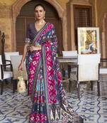 Navy blue printed silk saree with blouse