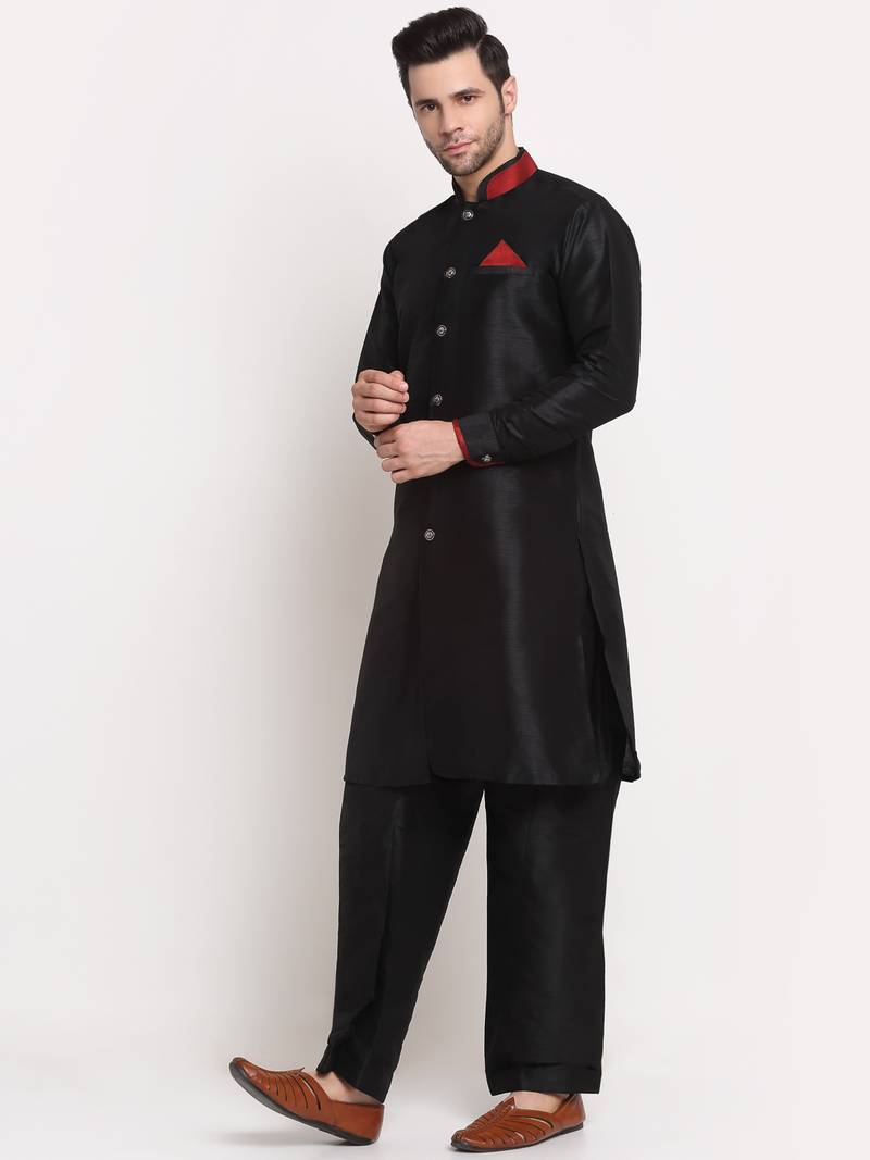 Black solid kurta with pyjama
