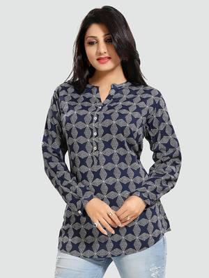 Navy-blue printed rayon short-kurtis 1