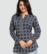Navy-blue printed rayon short-kurtis