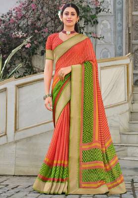 Peach printed brasso saree with blouse 1
