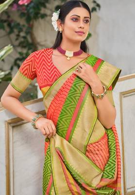 Peach printed brasso saree with blouse 2