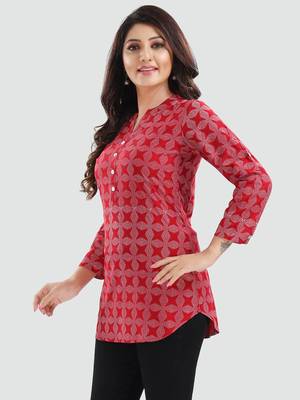 Red printed rayon short-kurtis 2