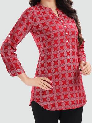 Red printed rayon short-kurtis 4