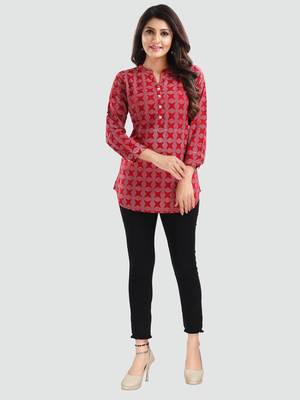 Red printed rayon short-kurtis 5