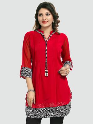 Red plain georgette short-kurtis 1