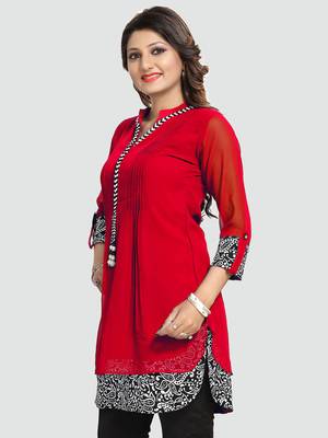 Red plain georgette short-kurtis 2