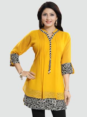 Yellow plain georgette short-kurtis 1
