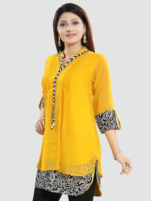 Yellow plain georgette short-kurtis 2