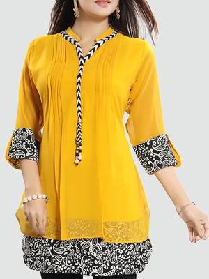 Yellow plain georgette short-kurtis 4