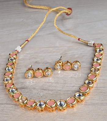 Kundan and Peach Stone Embellished Necklace Set FNN302 1