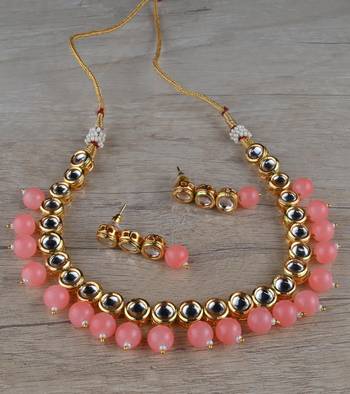 Kundan and Peach Stone Embellished Necklace Set FNN316 1