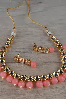 Kundan and Peach Stone Embellished Necklace Set FNN316