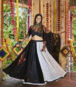 Black & White Thread Embroidered Maslin Cotton Traditional Navratri Dandiya Raas Festival Semi Stitched Lehenga Choli